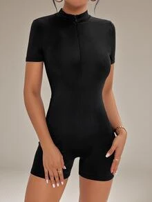 SHEIN PETITE Zip Up Half Zip Unitard Black Romper ,Petite Women - Black - View 6