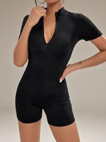 SHEIN PETITE Zip Up Half Zip Unitard Black Romper ,Petite Women - Black - View 4