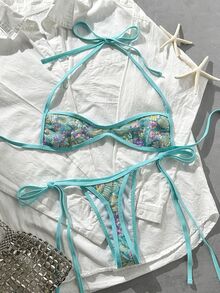 Swim Vcay 两件式泳衣套装，采用闪亮质感面料，无肩带抹胸上衣和侧系带泳裤，性感女士泳衣套装，适合春夏度假 - 彩色 - 查看 5