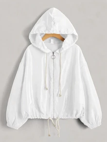 SHEIN EZwear Drop Shoulder Drawstring Hem Hooded Jacket In Fall/Winter - White - View 1