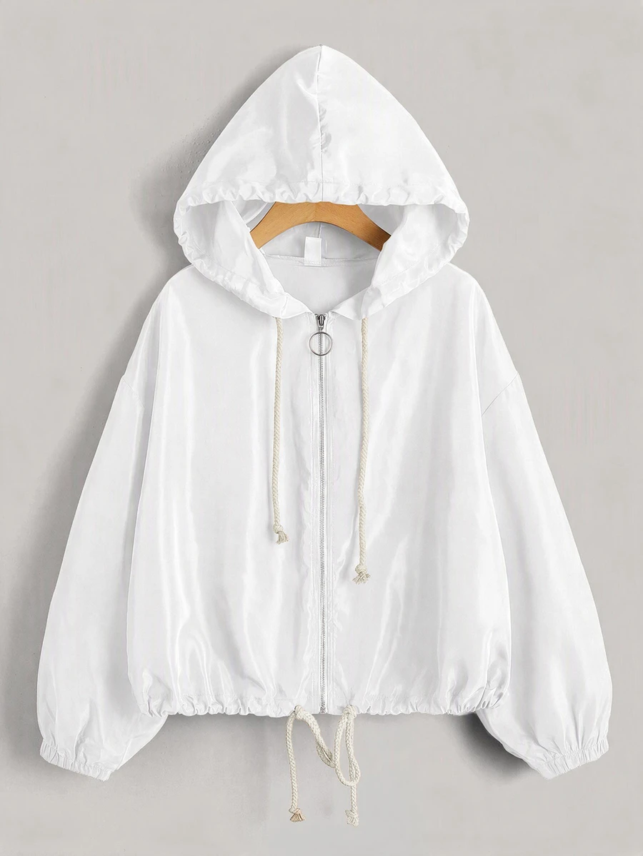 SHEIN EZwear Drop Shoulder Drawstring Hem Hooded Jacket In Fall/Winter - White - View 1