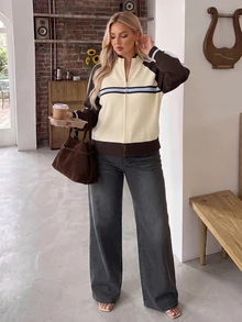 Auralis Autumn/Winter New Apricot & Coffee Brown Colorblock High Neck Long Sleeve Cardigan Sweater, Streetwear, Daily, Home, Y2K Plus Size Sweater For Women - Multicolor - View 3