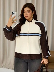 Auralis Autumn/Winter New Apricot & Coffee Brown Colorblock High Neck Long Sleeve Cardigan Sweater, Streetwear, Daily, Home, Y2K Plus Size Sweater For Women - Multicolor - View 4