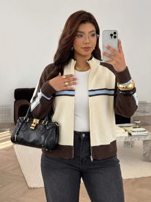 Auralis Autumn/Winter New Apricot & Coffee Brown Colorblock High Neck Long Sleeve Cardigan Sweater, Streetwear, Daily, Home, Y2K Plus Size Sweater For Women - Multicolor - View 2