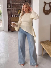 Auralis Round Neck Cinched Waist Asymmetrical Hem Flare Long Sleeve Plus Size T-Shirt / Apricot Textured Elastic Jacquard Fall/Winter Casual Office Work Shirt - Apricot - View 6