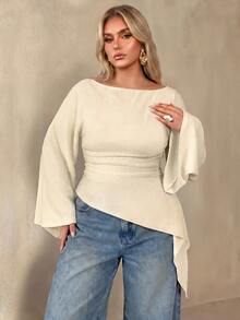 Auralis Round Neck Cinched Waist Asymmetrical Hem Flare Long Sleeve Plus Size T-Shirt / Apricot Textured Elastic Jacquard Fall/Winter Casual Office Work Shirt - Apricot - View 5