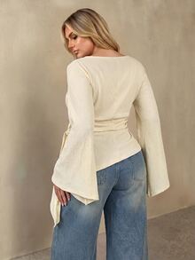 Auralis Round Neck Cinched Waist Asymmetrical Hem Flare Long Sleeve Plus Size T-Shirt / Apricot Textured Elastic Jacquard Fall/Winter Casual Office Work Shirt - Apricot - View 3