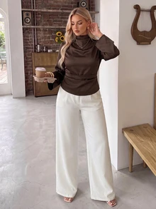Auralis Waist-Cinching Pleated Slimming Flare Long Sleeve Plus Size Blouse/Elastic Back Waist/Elegant Commute Party Fall - Brown - View 6