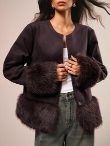 COSMINA 女款休閒優雅深棕色毛邊飾大衣，適合聖誕、新年、夜晚冬季穿著 - 棕色 - 查看 8