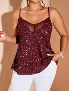 Cravure Große Größen Sexy Mode Pailletten Mesh Patchwork Camisole - Bordeaux - Übersicht 1