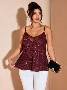 Cravure Große Größen Sexy Mode Pailletten Mesh Patchwork Camisole - Bordeaux - Übersicht 3