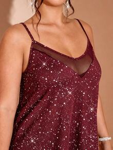 Cravure Große Größen Sexy Mode Pailletten Mesh Patchwork Camisole - Bordeaux - Übersicht 4