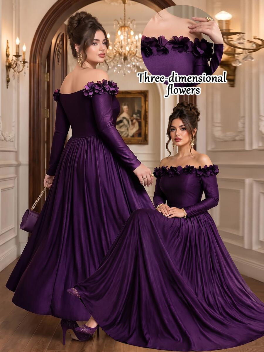Roveilla Plus Size New Fashion Elegant Party Wedding Formal Lace Patchwork V-Neck Ruffle Purple Mermaid Long Sleeve Dress Fall Christmas - Purple - View 1