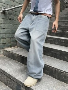 QuarKem 美式復古設計酸洗磨損鹽噴猴洗男士寬鬆休閒舒適工裝牛仔長褲 時尚百搭 - 藍色 - 查看 7
