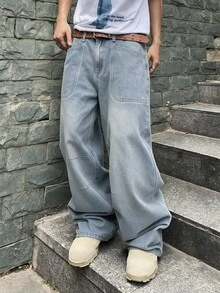 QuarKem 美式復古設計酸洗磨損鹽噴猴洗男士寬鬆休閒舒適工裝牛仔長褲 時尚百搭 - 藍色 - 查看 5