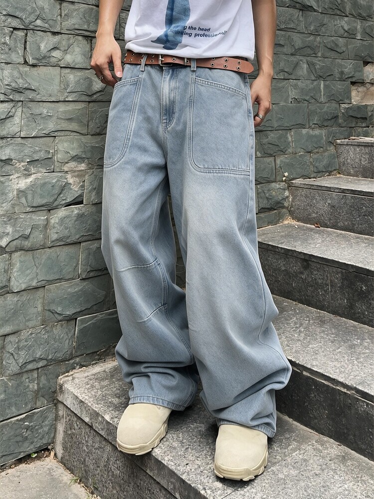 QuarKem Celana Jeans Kargo Pria Kasual Longgar Nyaman dengan Desain Retro Vintage Amerika, Dicuci dengan Asam, Efek Usang, Semprotan Garam, dan Motif Monkey Wash. Celana Panjang Serbaguna dan Modis. - Biru - View 5