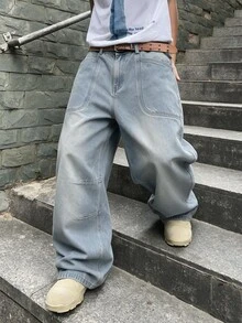 QuarKem 美式復古設計酸洗磨損鹽噴猴洗男士寬鬆休閒舒適工裝牛仔長褲 時尚百搭 - 藍色 - 查看 3
