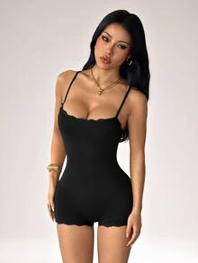 SHEIN PETITE 女款純色蕾絲拼接細肩帶簡約修身連身褲，適合嬌小女性 - 黑色 - 查看 3