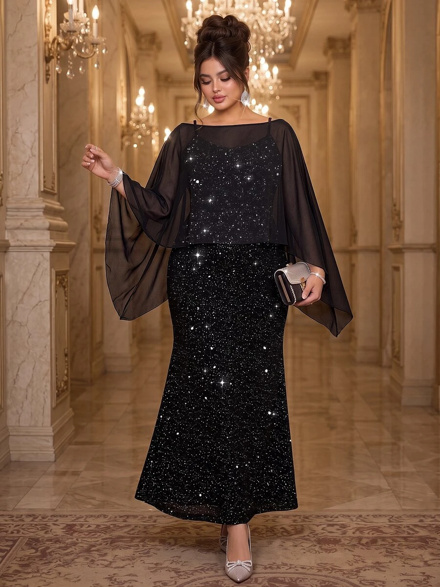 Roveilla Plus Size Black Fine Glitter Spaghetti Strap Mermaid Tail Long ...
