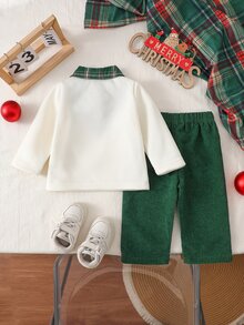 SHEIN Souflis 2件組嬰兒幼童男寶2合1套裝，套頭運動衫搭配燈芯絨長褲，兒童加厚聖誕綠刺繡舒適秋冬套裝 - 墨綠色 - 查看 2