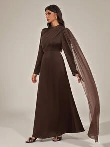 SHEIN Tall Elegant Long Brown Dress With Flowing Ribbons For Tall Muslim Women – Perfect For Parties. - Coffee Brown - View 6