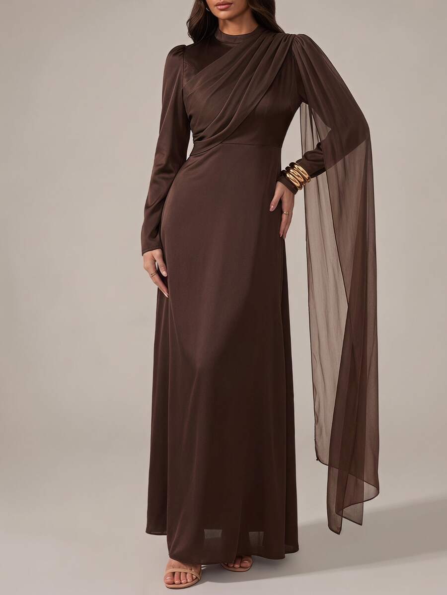 SHEIN Tall Elegant Long Brown Dress With Flowing Ribbons For Tall Muslim Women – Perfect For Parties. - Coffee Brown - View 1