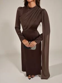 SHEIN Tall Elegant Long Brown Dress With Flowing Ribbons For Tall Muslim Women – Perfect For Parties. - Coffee Brown - View 7