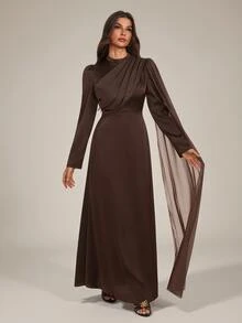 SHEIN Tall Elegant Long Brown Dress With Flowing Ribbons For Tall Muslim Women – Perfect For Parties. - Coffee Brown - View 3