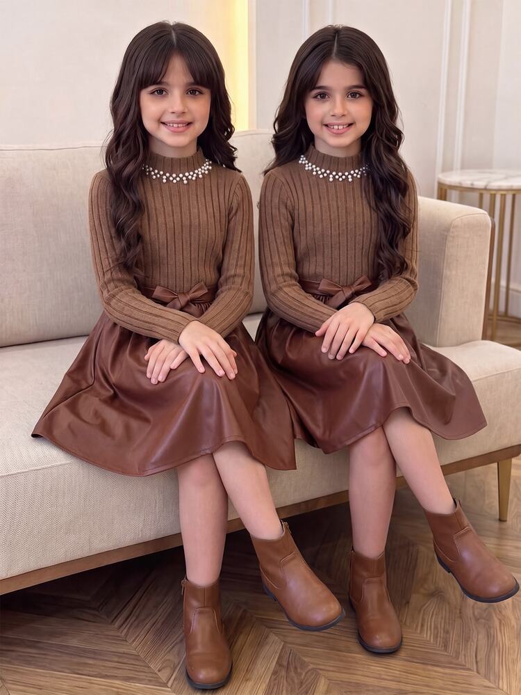 SHEIN Tween Girls Elegant Black & White Color Collar Sleeve 2--1 Dress, Autumn/Back To School, Autumn Dress, Outfit, White Long Sleeve Dress - Brown - View 6
