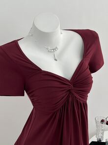Elamini 女士休闲百搭扭结V领短袖T恤，四季皆宜 - 酒紅色 - 查看 3