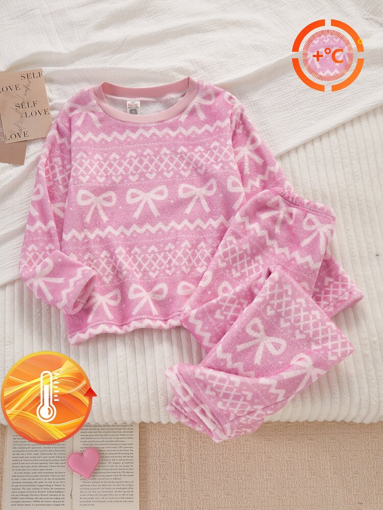 Women's Fleece Pajamas Set, Sweet Style Bow & Geometric Jacquard Print, Pink Plush Fabric, Soft & Skin-Friendly, 1 Set (1 Sets Are Sold Separately) - Pink - View 4