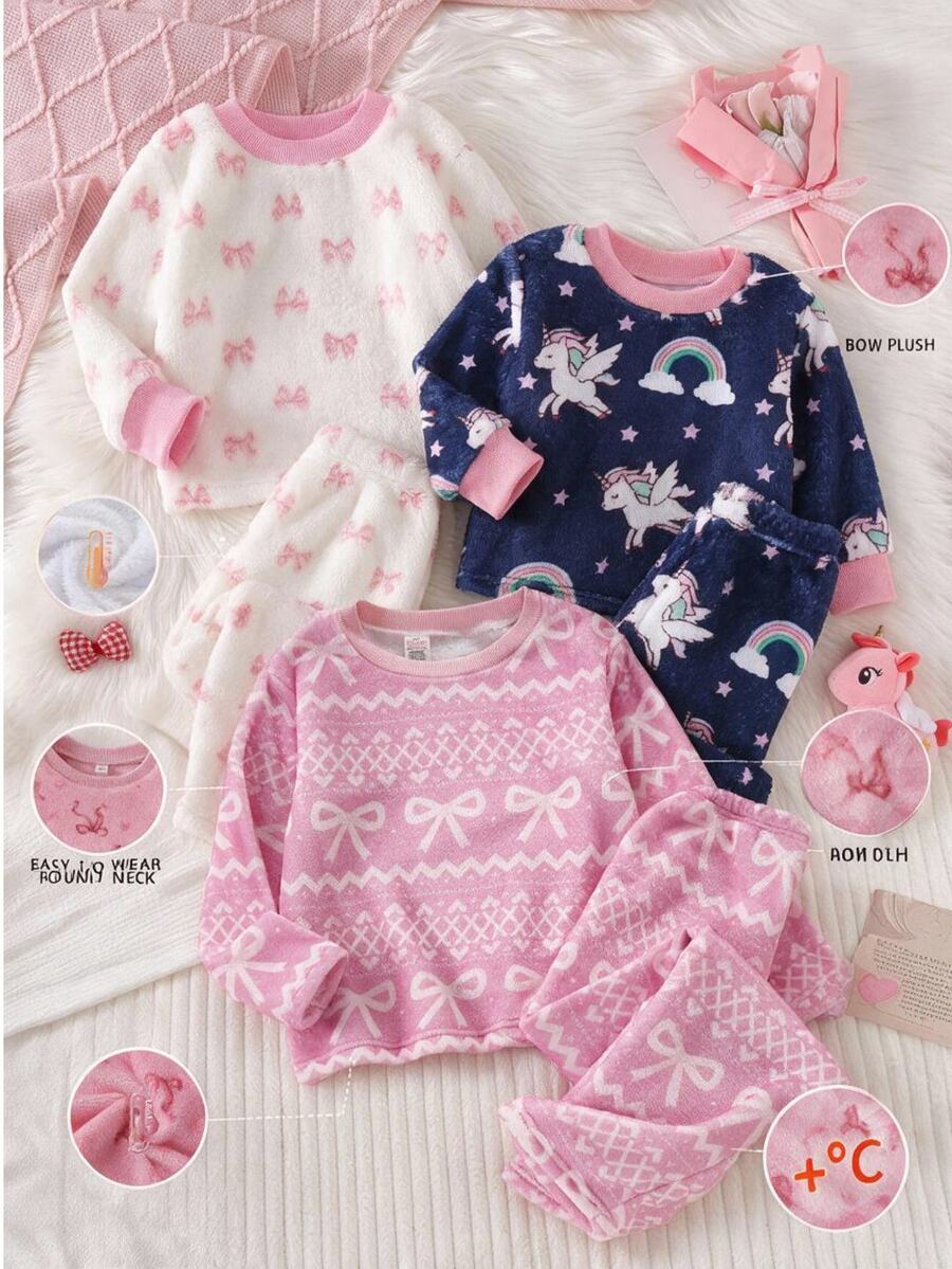 Women's Fleece Pajamas Set, Sweet Style Bow & Geometric Jacquard Print, Pink Plush Fabric, Soft & Skin-Friendly, 1 Set (1 Sets Are Sold Separately) - Pink - View 1