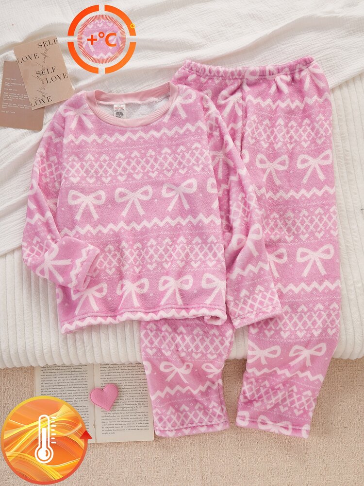 Women's Fleece Pajamas Set, Sweet Style Bow & Geometric Jacquard Print, Pink Plush Fabric, Soft & Skin-Friendly, 1 Set (1 Sets Are Sold Separately) - Pink - View 3
