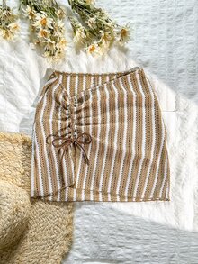 Swim Vcay Women's Knitted Jacquard Striped Fabric Side Drawstring Skirt - Brown - View 3