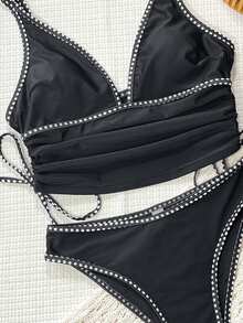 Swim Vcay Bonvoyette-D 2pcs Black Fabric Deep V Strap Ruched Casual Beach Bikini Set, Women's Swimwear - Black - View 3