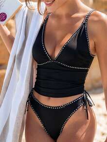 Swim Vcay Bonvoyette-D 2pcs Black Fabric Deep V Strap Ruched Casual Beach Bikini Set, Women's Swimwear - Black - View 5