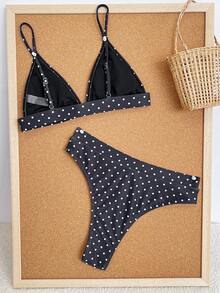 Swim Vcay Women's Polka Dot Print Spaghetti Strap Bikini Swimwear - Black and White - View 3