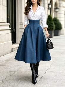 LUMIGAL Fall Clothes FOR WomenWomen's Colorblock Long Sleeve Single-Breasted Pleated Hem Elegant Shirt Dress - Multicolor - View 7