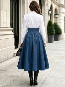 LUMIGAL Fall Clothes FOR WomenWomen's Colorblock Long Sleeve Single-Breasted Pleated Hem Elegant Shirt Dress - Multicolor - View 2
