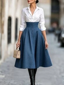 LUMIGAL Fall Clothes FOR WomenWomen's Colorblock Long Sleeve Single-Breasted Pleated Hem Elegant Shirt Dress - Multicolor - View 6