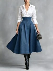 LUMIGAL Fall Clothes FOR WomenWomen's Colorblock Long Sleeve Single-Breasted Pleated Hem Elegant Shirt Dress - Multicolor - View 1