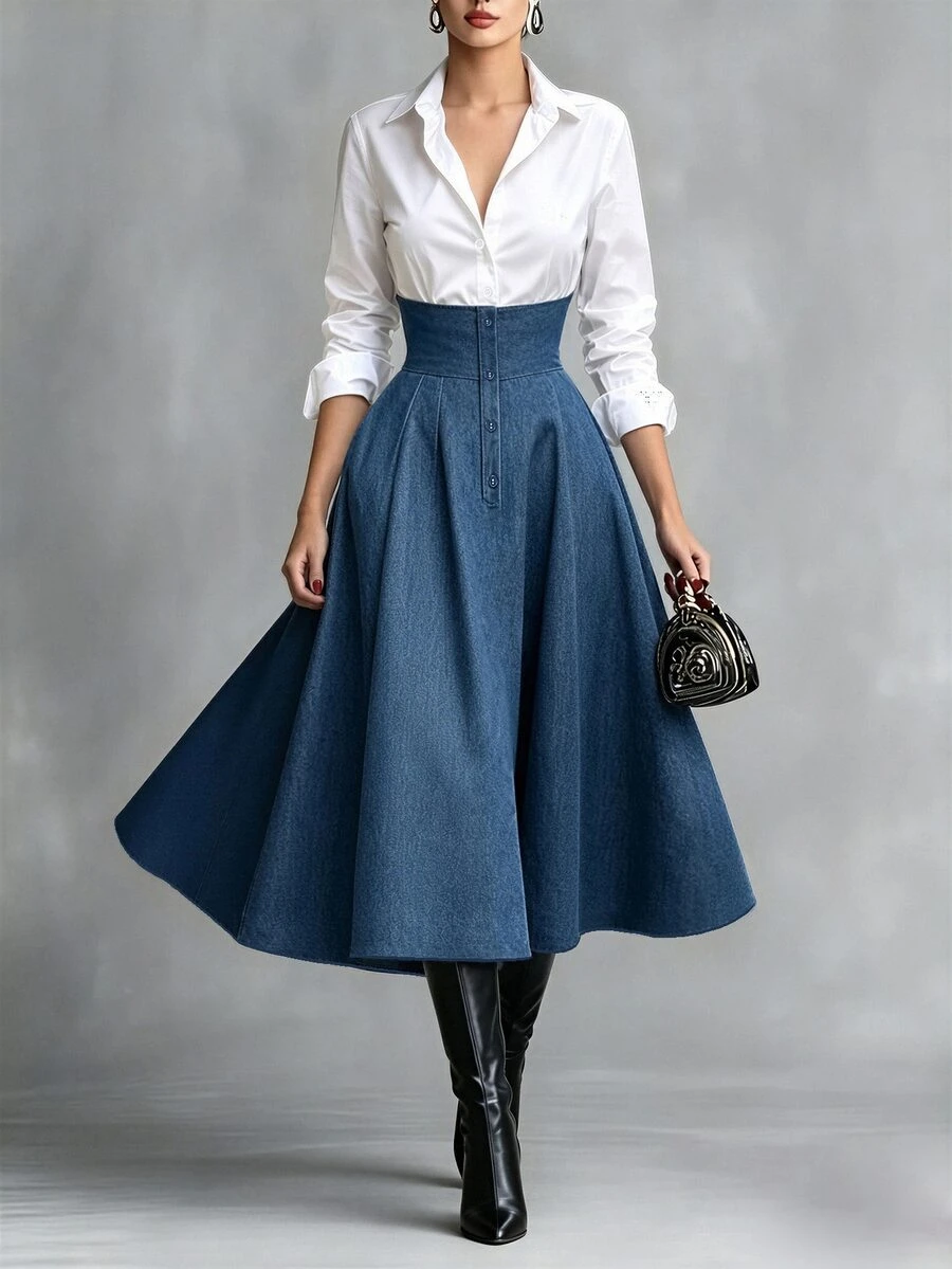 LUMIGAL Fall Clothes FOR WomenWomen's Colorblock Long Sleeve Single-Breasted Pleated Hem Elegant Shirt Dress - Multicolor - View 1