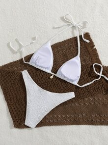 Swim Vcay Women's White Summer Modest Sexy Holiday Pool Party Beach 2 Pieces Bikini Set Lace Embossed Halter Triangle Top Pearl Pendant High-Cut Bottom Swimwear - White - View 9