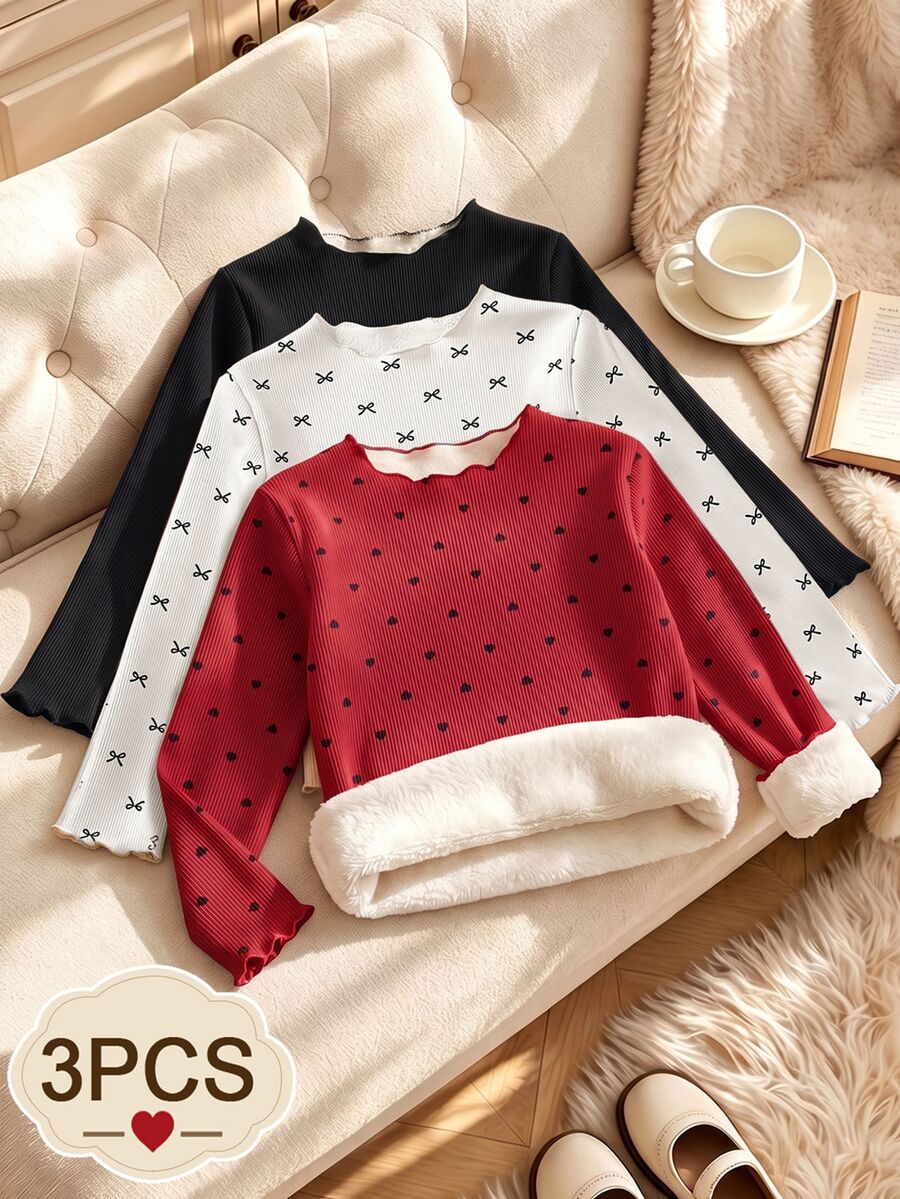 Elladie kids 女童 3件組 秋冬波點蝴蝶結與素色休閒抓絨T恤 - 彩色 - 查看 1