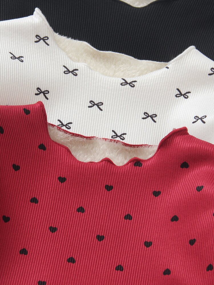 Elladie kids Young Girl 3pcs/Set Autumn/Winter Polka Dot Bow & Solid Color Casual Fleece T-Shirt - Multicolor - View 5