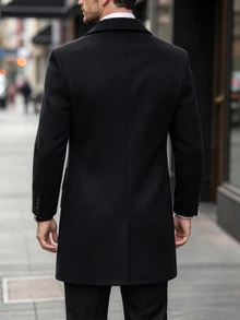 Calvornis 男士純色口袋鈕扣前襟長袖大衣，秋冬冬季儀式正式晚宴黑色優雅款 - 黑色 - 查看 2