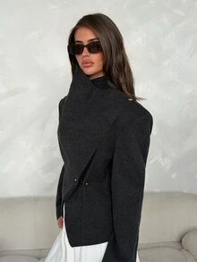 Aloruh معطف نسائي طويل الأكمام بتصميم غير متماثل بلون موحد للخريف/الشتاء - رمادي غامق - مشاهدة 6