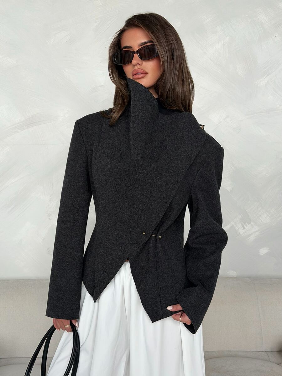 Aloruh Women's Autumn/Winter Solid Color Long Sleeve Asymmetric Design Fashion Overcoat - Dark Grey - View 1