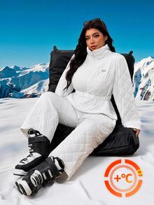 SHEIN EZwear Plus Size Women's Zipper Front Long Sleeve Casual 80s Jumpsuit, Autumn/Winter Fall Going Out Beach White - White - View 4