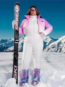 SHEIN EZwear Plus Size Women's Zipper Front Long Sleeve Casual 80s Jumpsuit, Autumn/Winter Fall Going Out Beach White - White - View 5